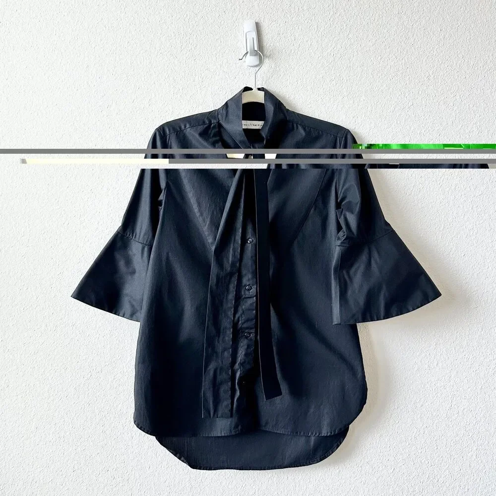 Palmer Harding Black Stretch Cotton V-neck Blouse Tie Neck Bell Sleeve Sz 0/2_4